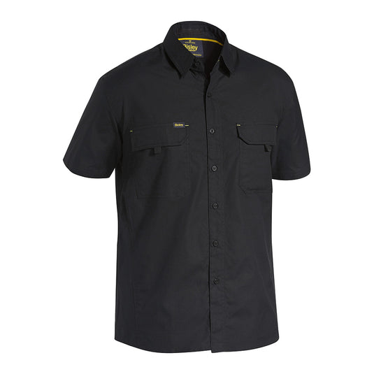 Bisley X Airflow Ripstop Short Sleeve Shirt featuring two chest pockets with touch tape closure, a pen division, hidden phone pouch, and a two-piece structured collar, ideal for workplace safety and comfort.