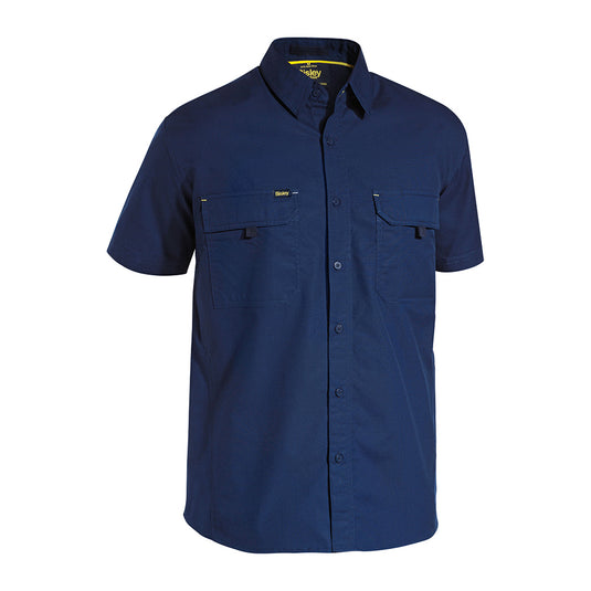Bisley X Airflow Ripstop Short Sleeve Shirt featuring dual chest pockets with touch tape closures, structured collar, and pen division, designed for safety and comfort with antimicrobial treatment and ventilation for workplace environments.