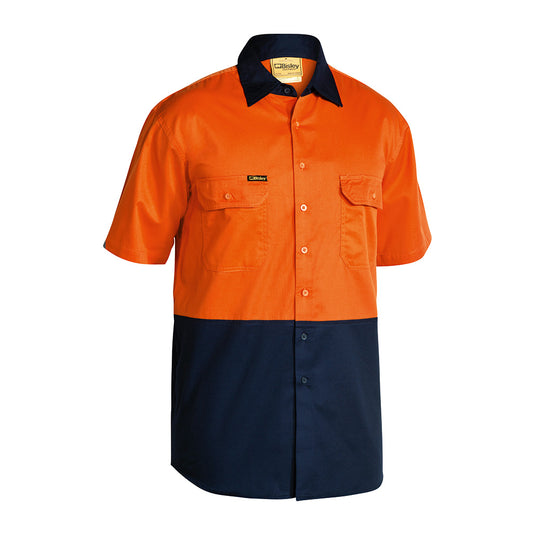 Bisley Hi Vis Lightweight Drill Shirt featuring a structured collar, button-down chest pockets, and mesh ventilation for breathability, ideal for safety and comfort in workplace environments.