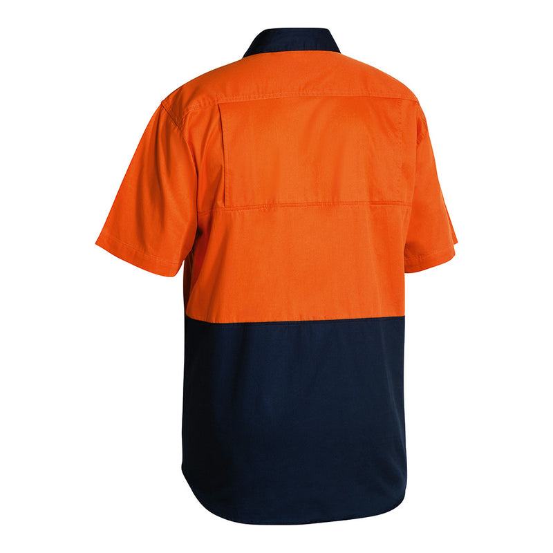 Load image into Gallery viewer, Bisley Hi Vis Lightweight Drill Shirt, featuring a back view with vertical and underarm cotton mesh ventilation, two button-down chest pockets with pen division, and a two-piece contrast collar designed for active safety environments.
