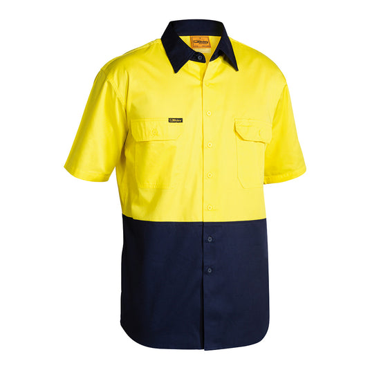 Bisley Hi Vis Lightweight Drill Shirt featuring a structured collar and two button-down chest pockets with pen division, designed for ventilation and comfort, ideal for workplace safety and efficiency.