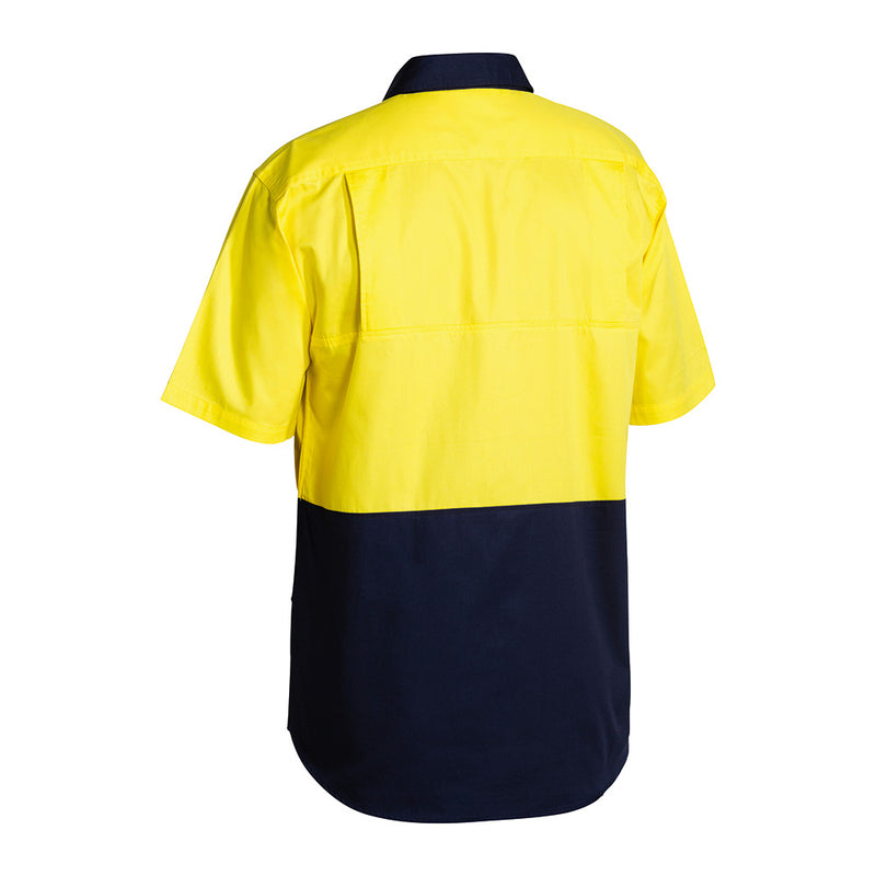 Load image into Gallery viewer, Bisley Hi Vis Lightweight Drill Shirt with mesh back and underarm ventilation, featuring two button-down chest pockets and a structured collar, ideal for safety and comfort in active work environments.