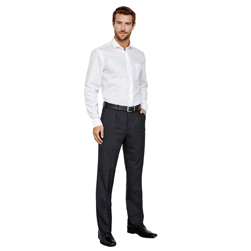 Load image into Gallery viewer, Biz Mens Classic Pleat Pant with a modern single pleat, mid-rise fit, and mechanical stretch. Features front side pockets and two back hip pockets, ideal for a sleek, professional look.
