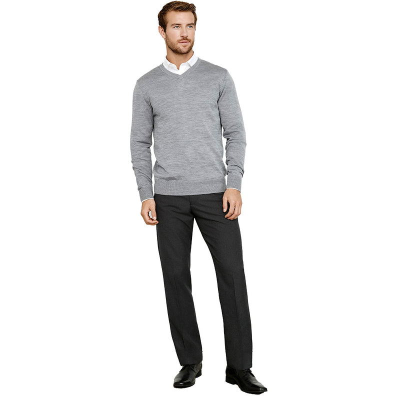 Load image into Gallery viewer, Biz Mens Classic Flat Pant, featuring a streamlined flat front and straight legs, designed for comfort with mechanical stretch. Includes front side pockets and two back hip pockets, ideal for professional settings.