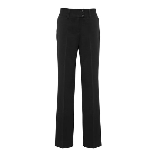 Biz Womens Kate Perfect Pant featuring a midrise design with a flattering wide waistband, low profile front and back pockets, and a classic straight leg fit for comfort and style.