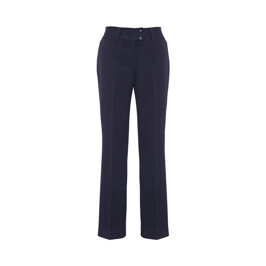 Biz Ladies Eve Perfect Pant, showcasing a flattering fit with midrise and straight leg design, complemented by a white belt. Ideal for comfort and style, featuring low profile pockets and 4-way stretch fabric.