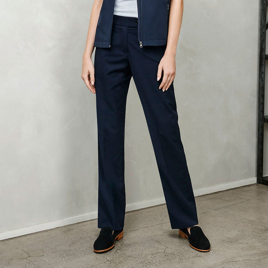 Biz Detroit Ladies Flexi Band Pant showcasing a flat front design with two angled pockets, featuring the innovative BIZ FLEXI-BAND™ waist for enhanced comfort, crafted from durable Poly Viscose with Teflon® stain resistance.
