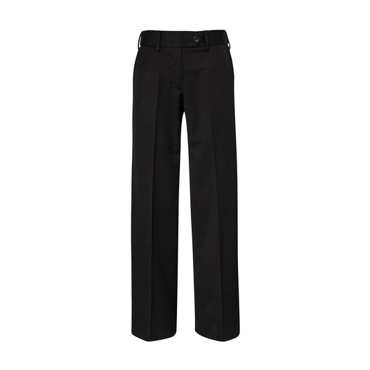 Biz Detroit Ladies Flexi Band Pant featuring a flat front design with two angled pockets, showcasing the unique BIZ FLEXI-BAND™ for optimal comfort, tailored for durability and functionality in workplace settings.
