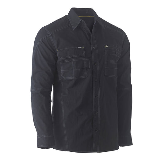 Bisley Flex & Move Utility Work Shirt with contrast stitching, features multifunctional chest pockets for tools and accessories, classic collar with a hanger loop, and contoured sleeves for enhanced comfort and movement.