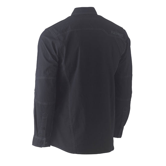 The Bisley Flex & Move Utility Work Shirt features a back view showcasing yoke stitching, contrast top-stitching, cuff tabs, and FLX&WAVE branding, emphasizing its functional design for workplace versatility.