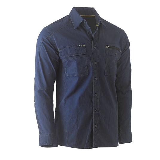 The Bisley Flex & Move Utility Work Shirt showcases a deep navy design with button-front, point collar, and multifunctional utility chest pockets, ideal for active work environments prioritizing comfort and functionality.