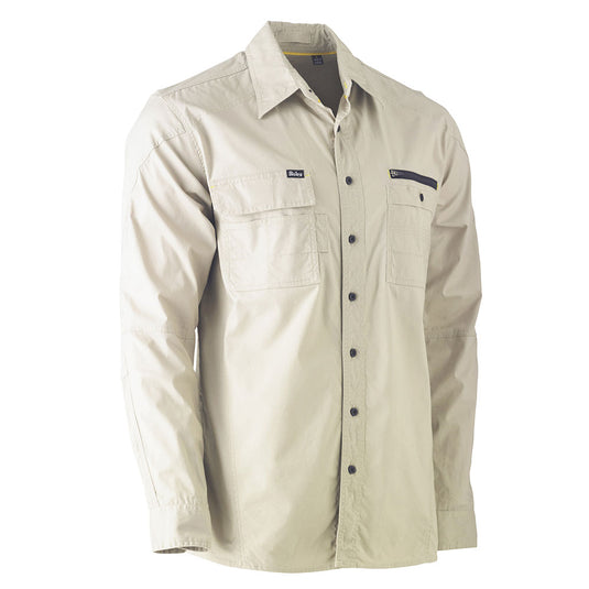 Bisley Flex & Move Utility Work Shirt features a classic collar, contrasting buttons, and versatile chest pockets with zippers and compartments, ideal for active workplace safety and comfort.