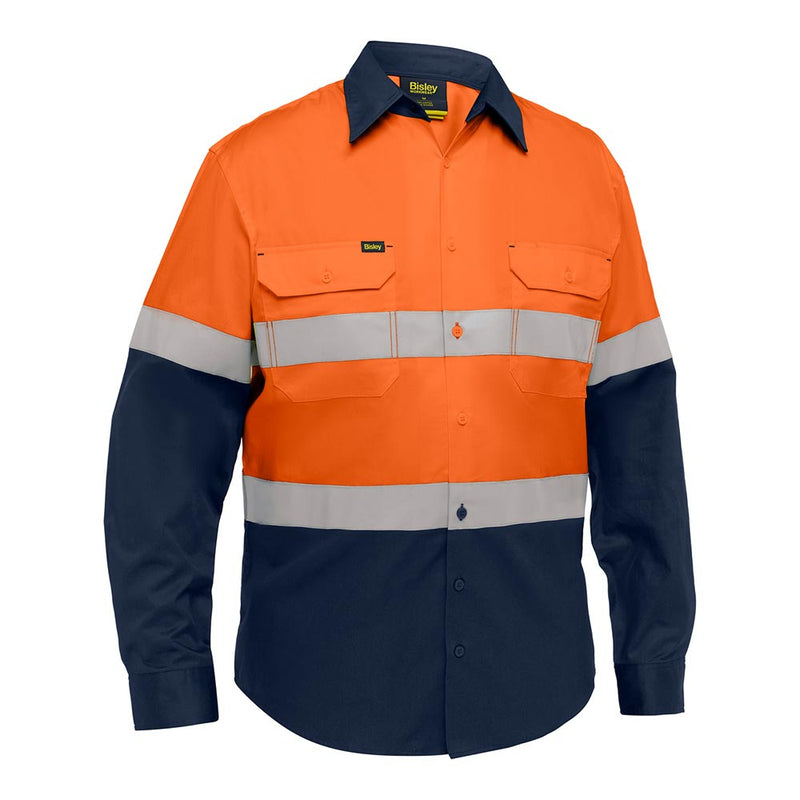 Load image into Gallery viewer, Bisley Hi Vis Taped Lightweight Vented Long Sleeve Shirt features a bright, bi-color design with reflective stripes, chest pockets, and ventilation for safety and comfort, ideal for workplace environments.