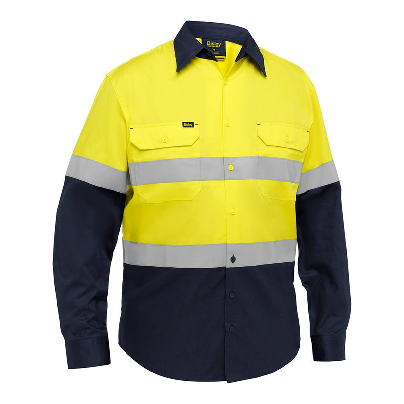 Load image into Gallery viewer, Bisley Hi Vis Taped Lightweight Vented Long Sleeve Shirt features high-visibility yellow and navy design, reflective silver striping, button-up collar, and chest pockets, ideal for industrial safety and compliance.