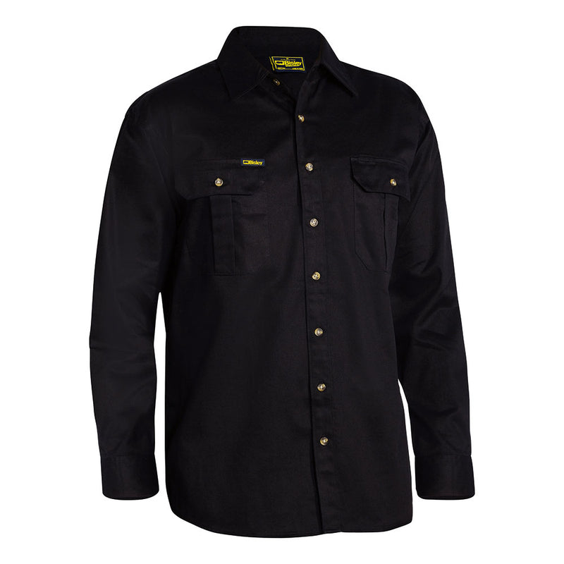 Load image into Gallery viewer, Bisley Original Cotton Drill Long Sleeve Work Shirt features durable construction with a spread collar, two chest pockets with buttoned flaps, pen division, and adjustable cuffs, ideal for workplace safety and utility.