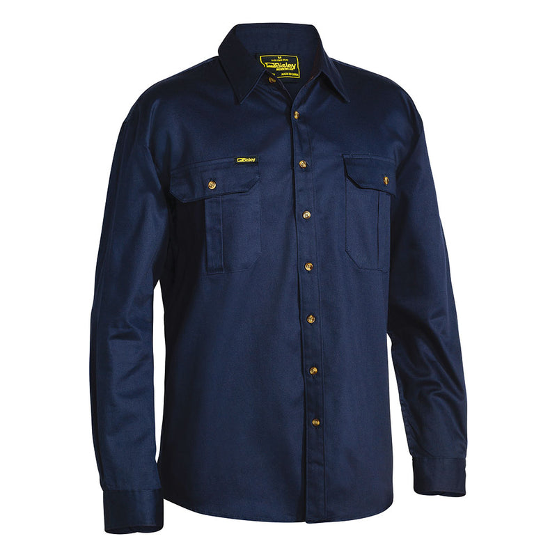 Load image into Gallery viewer, Bisley Original Cotton Drill Long Sleeve Work Shirt features navy blue fabric, two chest flap pockets with pen division, a structured collar, and contrasting brass-tone buttons, emphasizing functional workwear style.