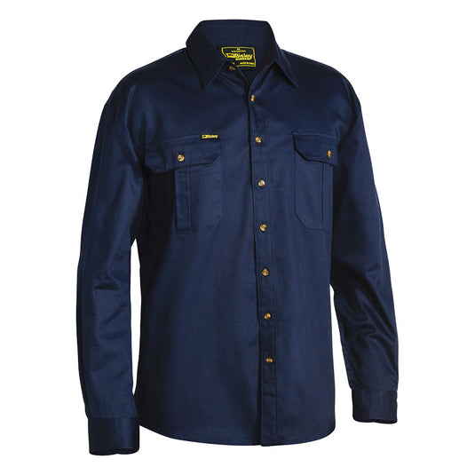 Bisley Original Cotton Drill Long Sleeve Work Shirt features navy blue fabric, two chest flap pockets with pen division, a structured collar, and contrasting brass-tone buttons, emphasizing functional workwear style.
