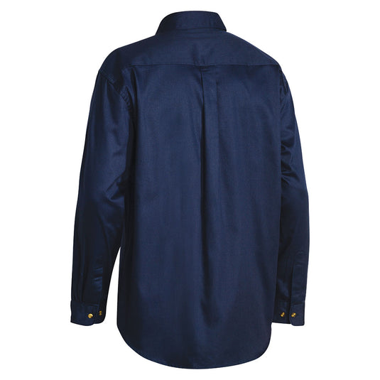 Bisley Original Cotton Drill Long Sleeve Work Shirt, back view showcasing structured collar, pleated pockets with button flaps, pen division, box pleat, and buttoned cuffs, ideal for New Zealand workplace safety needs.