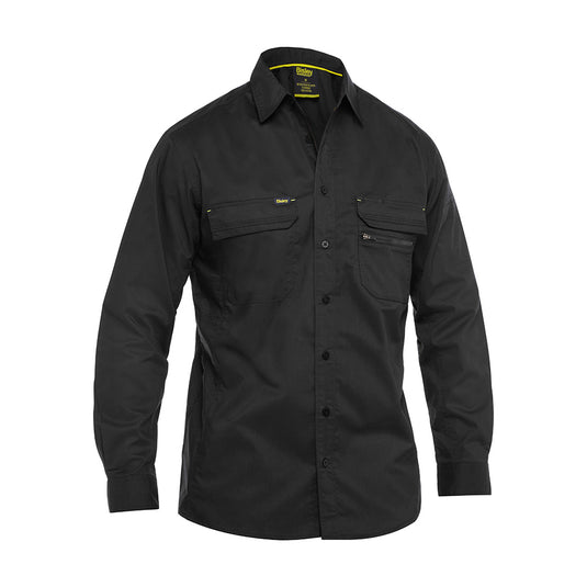 Bisley X Airflow L/S Stretch Ripstop Shirt featuring long sleeves, structured collar, and two chest pockets. Designed with ventilation panels and pen pockets, ideal for active safety and workplace environments.