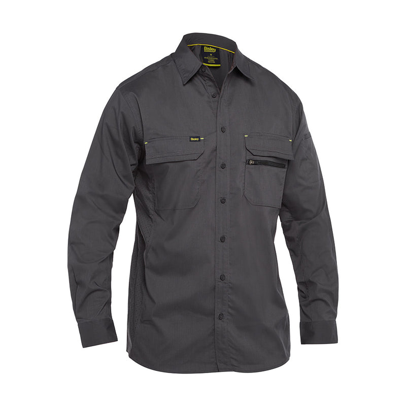 Load image into Gallery viewer, Bisley X Airflow L/S Stretch Ripstop Shirt featuring long sleeves, two chest pockets with touch tape, pen pocket on the left sleeve, and structured collar, ideal for workplace safety and comfort.