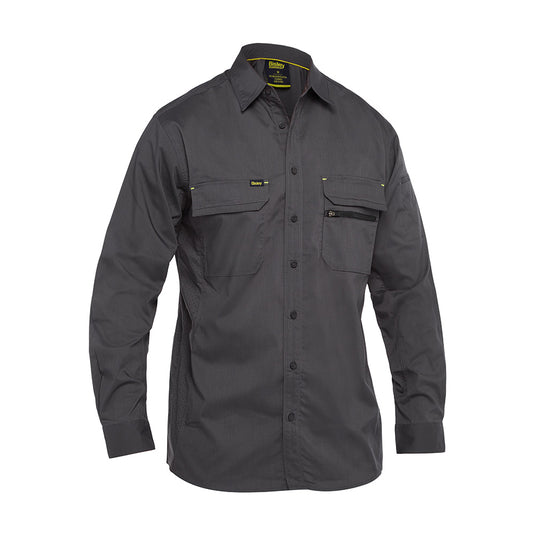 Bisley X Airflow L/S Stretch Ripstop Shirt featuring long sleeves, two chest pockets with touch tape, pen pocket on the left sleeve, and structured collar, ideal for workplace safety and comfort.