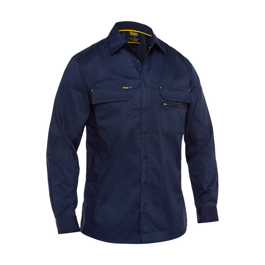 Bisley X Airflow L/S Stretch Ripstop Shirt with long sleeves, featuring two chest pockets, a pen division, and ventilation panels. Ideal for safety and workwear, emphasizing functionality and comfort in active environments.