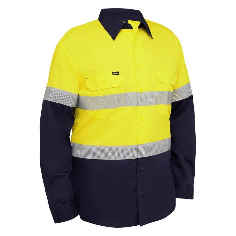 Load image into Gallery viewer, Bisley Hi Vis Taped Ripstop Vented Long Sleeve Shirt featuring bright yellow and navy design, reflective stripes, button-flap chest pockets, structured collar, and mesh ventilation for enhanced visibility and comfort in workplace settings.