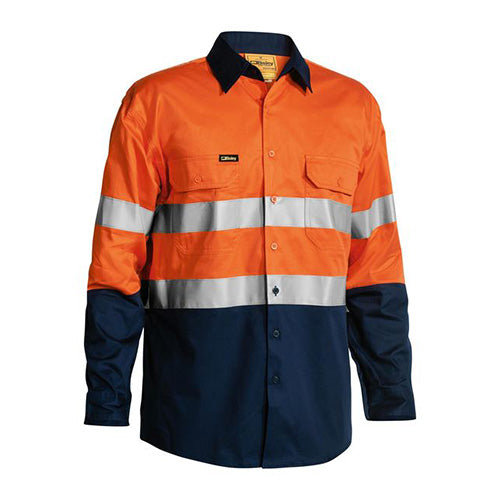 Bisley Hi Vis Cool Lightweight L/S Work Shirt featuring reflective taped hoop pattern, two button-down chest pockets with pen division, and ventilation mesh at the back and underarms for enhanced breathability.