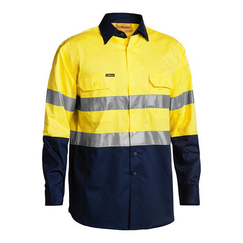 Bisley Hi Vis Cool Lightweight L/S Work Shirt featuring reflective taped hoop pattern, structured collar, and two chest pockets. Designed with mesh ventilation for breathability, ideal for workplace safety and comfort.