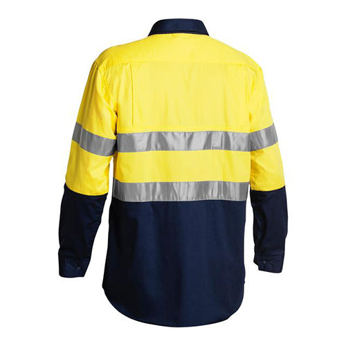 Bisley Hi Vis Cool Lightweight L/S Work Shirt with reflective taped hoops, featuring mesh ventilation and two button-down chest pockets, ideal for safety-focused work environments.