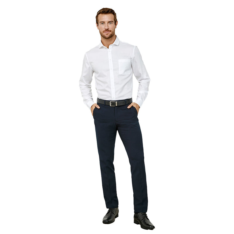Load image into Gallery viewer, Biz Mens Classic Slim Pant features a slim fit with a mid-rise waist and narrower legs. Designed for comfort, it includes a flat front, side and back pockets, and allows length alterations.