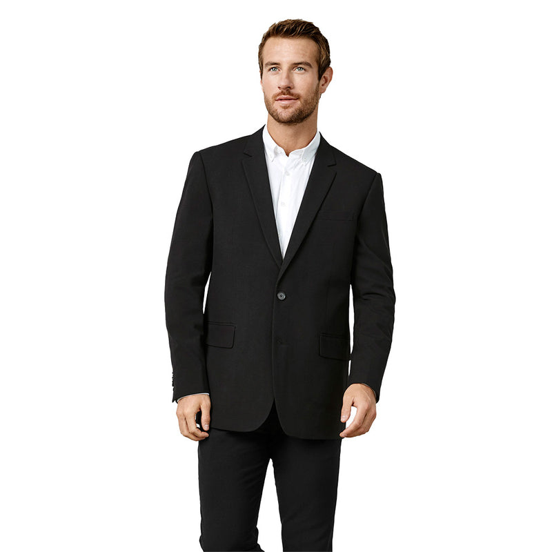 Load image into Gallery viewer, Biz Mens Classic Jacket: A man stands confidently in a tailored two-button, machine-washable jacket featuring a contemporary fit, internal welt pocket, and hidden lining zipper, perfect for dynamic workplace environments.