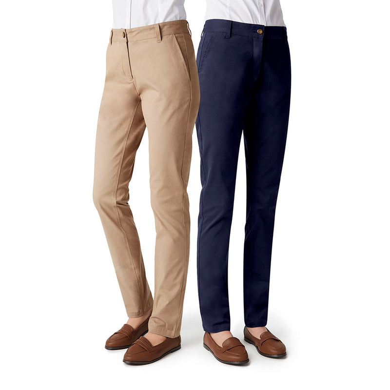 Load image into Gallery viewer, Biz Ladies Lawson Chino Pant showcased on a model, featuring a mid-rise fit with tapered legs, paired with brown loafers. Ideal for casual workplace attire with comfort and flexibility in mind.