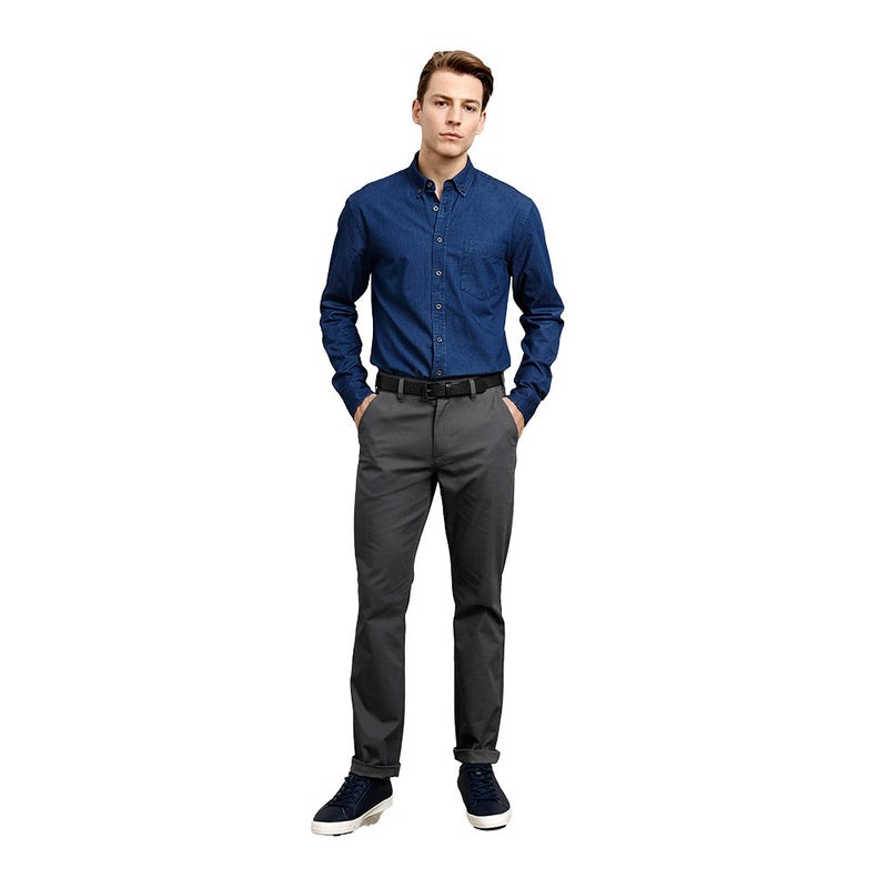 Load image into Gallery viewer, Biz Men's Lawson Chino Pant, showcased by a man with hands in pockets, illustrates casual workplace elegance with a modern fit, flat front, and tapered leg, ideal for professional yet approachable attire.