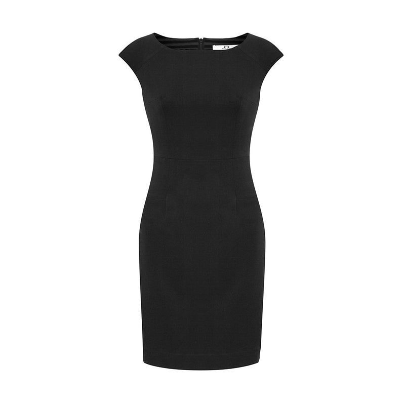 Load image into Gallery viewer, Biz Women's Audrey Dress featuring a squared-off boat neck, strapless design, and figure-flattering seams, perfect for professional settings. Tailored with 4-way stretch fabric for comfort and ease.