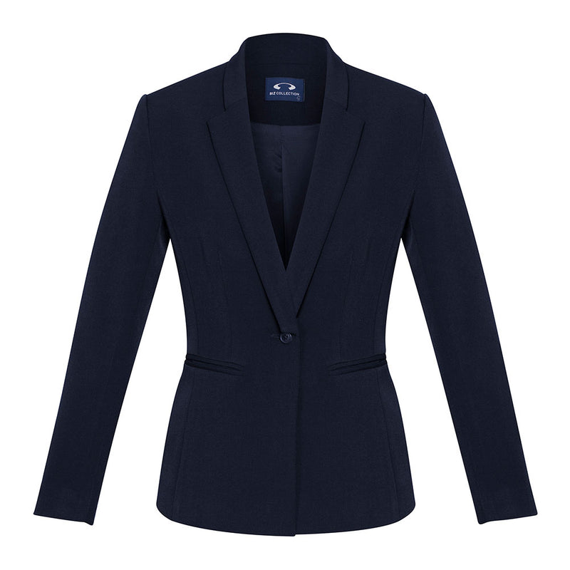 Load image into Gallery viewer, Biz Womens Bianca Jacket close-up showcases a notched tuxedo lapel and single button style, emphasizing its tailored fit. Ideal for workwear, it features stretch fabric for all-day comfort.
