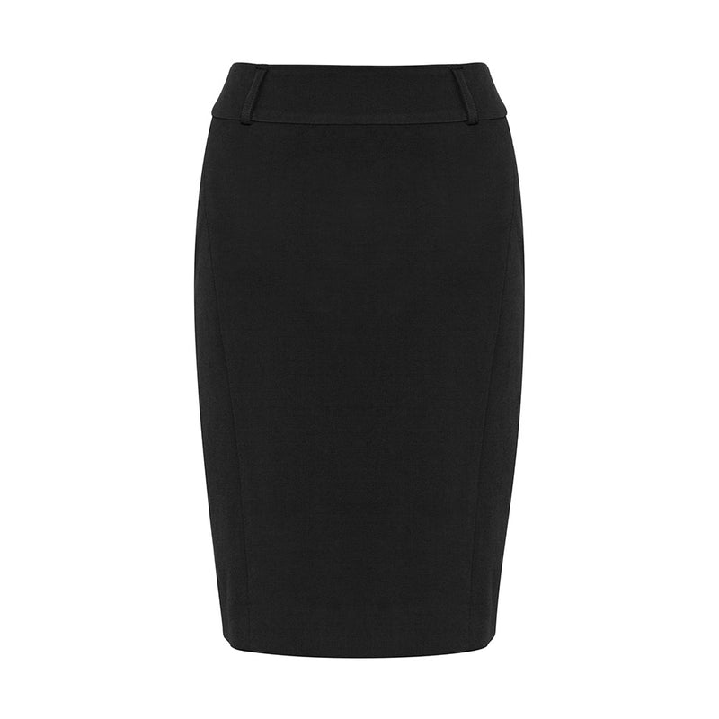 Load image into Gallery viewer, Biz Womens Loren Skirt features a knee-length, streamlined silhouette with a wide curved waistband. Crafted from 4-way stretch fabric, it includes a reinforced back zip, belt loops, and a skirt vent for comfort and style.
