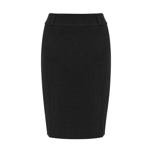 Biz Womens Loren Skirt features a knee-length, streamlined silhouette with a wide curved waistband. Crafted from 4-way stretch fabric, it includes a reinforced back zip, belt loops, and a skirt vent for comfort and style.