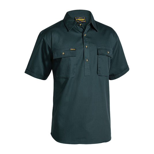 Bisley Closed Front Cotton Drill Shirt features a half placket, structured collar, and two cargo chest pockets with pen division, ideal for workplace safety and uniform needs.