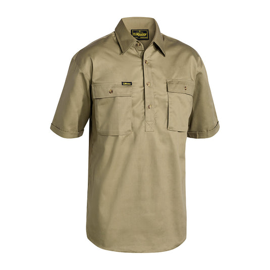 Bisley Closed Front Cotton Drill Shirt featuring a half placket, two button-down cargo chest pockets with a pen division, a structured two-piece collar, and natural contrast buttons, ideal for workplace safety and comfort.