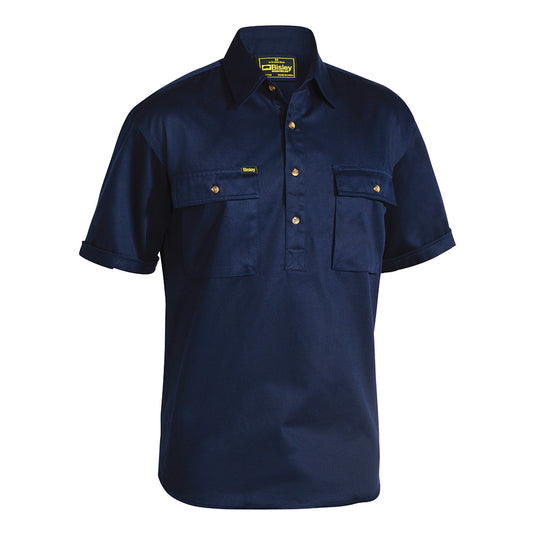 Bisley Closed Front Cotton Drill Shirt featuring a half placket, structured collar, two buttoned cargo chest pockets with pen division, and center back box pleat, ideal for workplace safety and uniform needs.