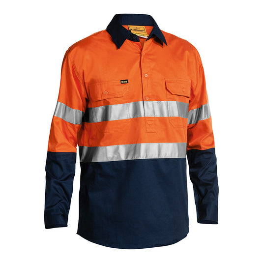 Bisley Hi Vis Closed Front Lightweight Taped L/S Shirt featuring reflective stripes, long sleeves, two chest pockets with pen division, and ventilation mesh panels for enhanced breathability and comfort.