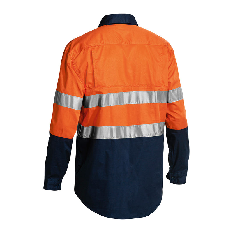 Load image into Gallery viewer, Bisley Hi Vis Closed Front Lightweight Taped L/S Shirt, featuring reflective taped hoop pattern, back and underarm ventilation, two chest pockets, and a structured collar, viewed from the back. Ideal for workplace safety.