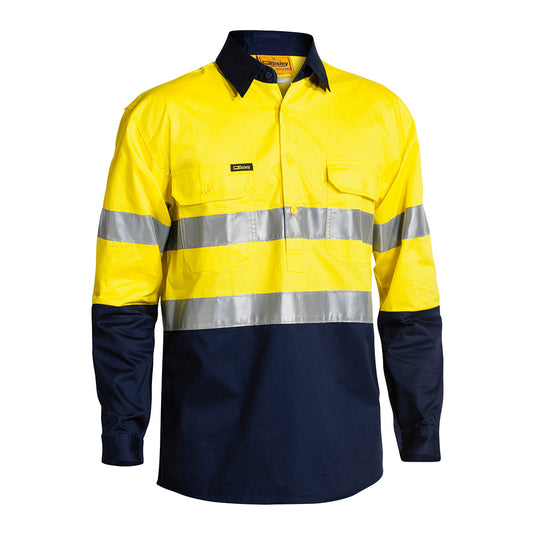 Bisley Hi Vis Closed Front Lightweight Taped L/S Shirt featuring reflective taped hoops, mesh ventilation, button-down chest pockets, and a structured collar, ideal for safety and visibility in work environments.