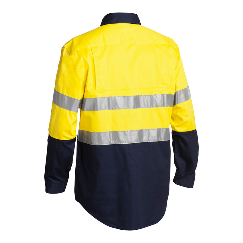 Load image into Gallery viewer, Bisley Hi Vis Closed Front Lightweight Taped L/S Shirt, featuring reflective taped hoop pattern, mesh ventilation, structured collar, and two chest pockets, ideal for safety and workwear environments.