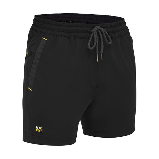Bisley Flex & Move Stretch Elastic Waist Short featuring yellow accents, crafted with 4-way stretch fabric and Cordura® for durability. Includes side and back welt pockets, ideal for active workplace environments.