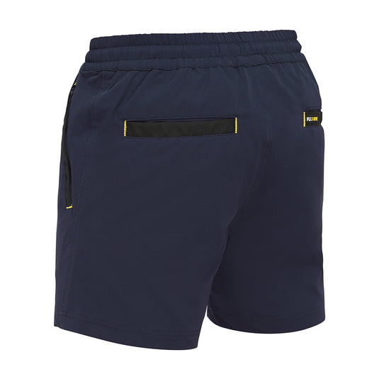 Bisley Flex & Move Stretch Elastic Waist Short featuring 4-way stretch fabric, elastic waistband, and durable Cordura® panels on stress points, with side and back welt pockets for practical workwear comfort and reliability.