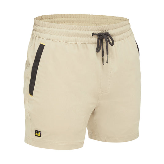 Bisley Flex & Move Stretch Elastic Waist Short featuring 4-way stretch fabric, Cordura® reinforcements, and side and back welt pockets, designed for durability and comfort in active and safety-focused environments.