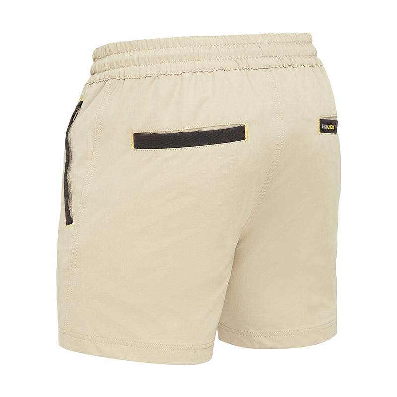 Load image into Gallery viewer, Bisley Flex & Move Stretch Elastic Waist Short featuring a black stripe, with close-up views of side and back welt pockets, zipper, and reinforced Cordura® areas for enhanced durability and flexibility.