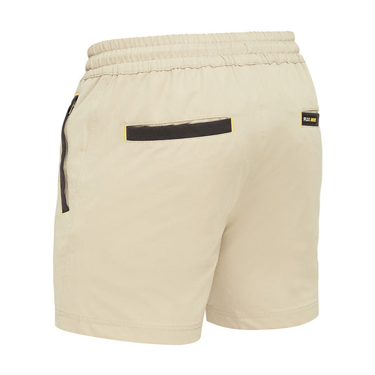 Bisley Flex & Move Stretch Elastic Waist Short featuring a black stripe, with close-up views of side and back welt pockets, zipper, and reinforced Cordura® areas for enhanced durability and flexibility.